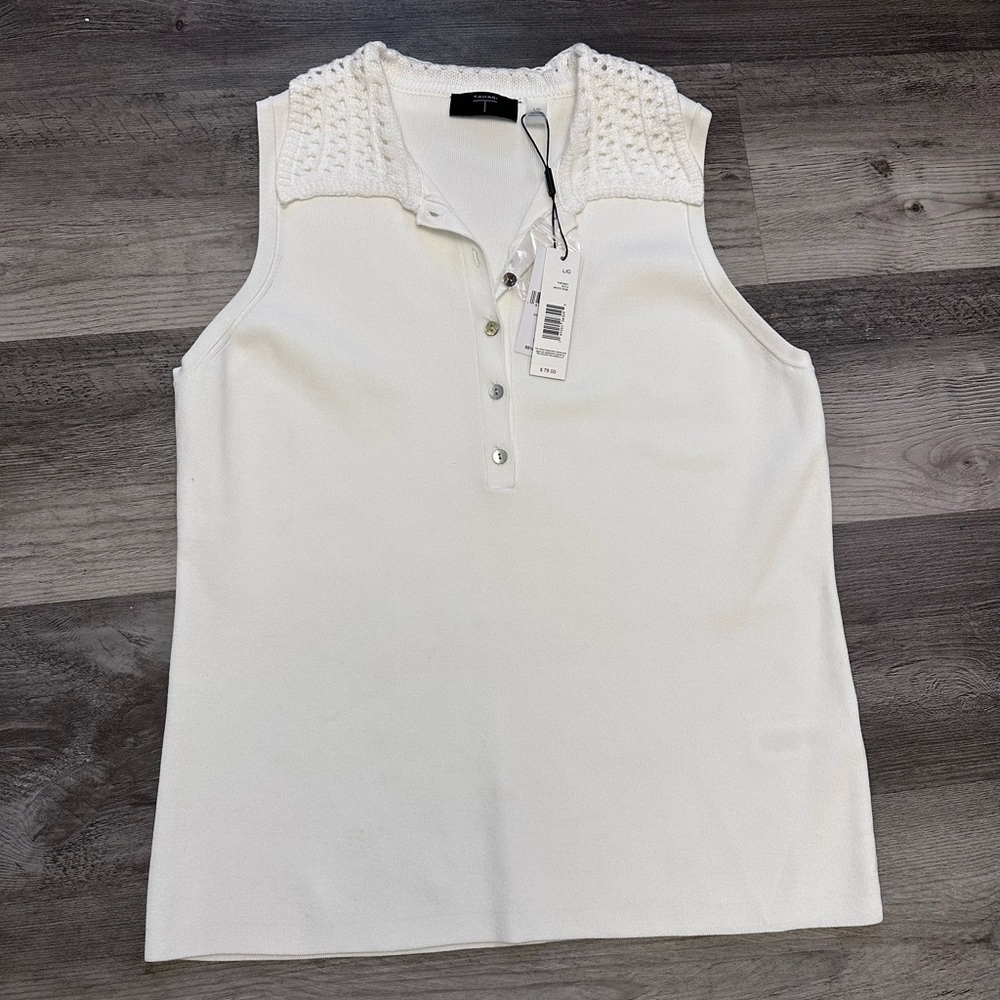 Tahari White Rib Knit Sleeveless Crochet Collar Button Polo Sweater New Top L